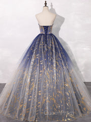 A-Line Tulle Blue Long Evening Prom Dresses, Blue Tulle Long Evening Dresses