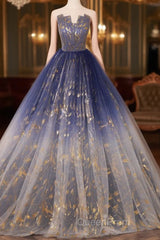 A-Line Tulle Blue Long Evening Prom Dresses, Blue Tulle Long Evening Dresses