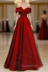 A-Line Tulle Burgundy Long Evening Prom Dresses, Burgundy Evening Dresses