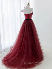 A-Line Tulle Burgundy Long Evening Prom Dresses, Burgundy Evening Dresses