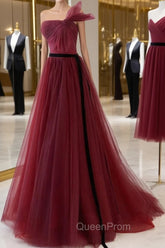 A-Line Tulle Burgundy Long Evening Prom Dresses, Burgundy Evening Dresses