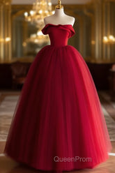 A-Line Tulle Burgundy Long Evening Prom Dresses, Burgundy Long Evening Dresses