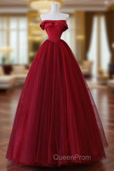 A-Line Tulle Burgundy Long Evening Prom Dresses, Tulle Burgundy Long Evening Dresses