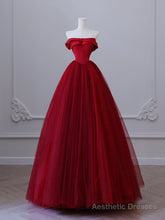 A-Line Tulle Burgundy Long Prom Dress, Tulle Burgundy Long Formal Dress