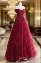 A-Line Tulle Burgundy Long Evening Prom Dresses, Tulle Long Evening Dresses