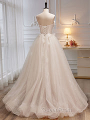 A-Line Tulle Flower Light Champagne Long Evening Prom Dresses, Shiny Evening Dresses