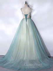 A-Line Tulle Green Long Evening Prom Dresses, Green Graduation Dresses with Sweep Train