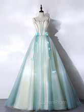 A-Line Tulle Green Long Evening Prom Dresses, Green Graduation Dresses with Sweep Train