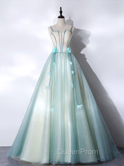 A-Line Tulle Green Long Evening Prom Dresses, Green Graduation Dresses with Sweep Train