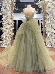 A-Line Tulle Green Long Prom Dress, Green Tulle Long Sweet 16 Dress