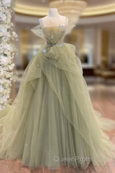A-Line Tulle Green Long Evening Prom Dresses, Green Tulle Long Sweet 16 Dresses