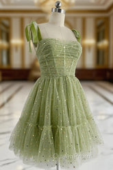 A-Line Tulle Green Short Evening Prom Dresses, Cute Green Homecoming Dresses