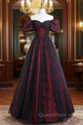 A-Line Tulle Lace Black/burgundy Long Evening Prom Dresses, Black/Burgundy Long Evening Dresses