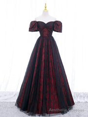 A-Line Tulle Lace Black/burgundy Long Prom Dress, Black/Burgundy Long Formal Dress