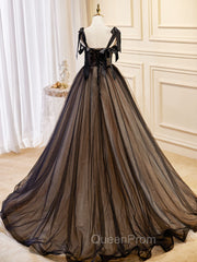 A-Line Tulle Lace Black Long Evening Prom Dresses, Black Evening Dresses