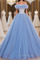 A-Line Tulle Lace Blue Long Evening Prom Dresses, Blue Lace Long Formal Dresses
