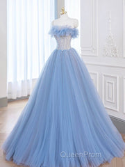 A-Line Tulle Lace Blue Long Evening Prom Dresses, Blue Lace Long Formal Dresses
