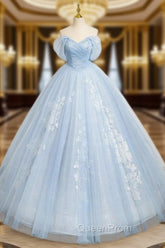 A-Line Tulle Lace Blue Long Evening Prom Dresses Off Shoulder Sky Blue Dresses