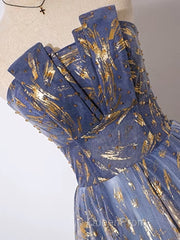 A-Line Tulle Lace Blue Short Evening Prom Dresses, Cute Blue Homecoming Dresses