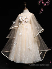 A-Line Tulle Lace Butterfly Champagne Flower Girl Dress