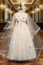 A-Line Tulle Lace Butterfly Champagne Flower Girl Dresses