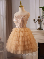 A-Line Tulle Lace Champagne Short Evening Prom Dresses, Champagne Homecoming Dresses