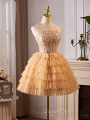A-Line Tulle Lace Champagne Short Evening Prom Dresses, Champagne Homecoming Dresses