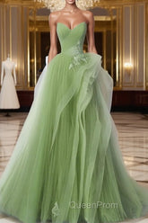 A-Line Tulle Lace Green Long Evening Prom Dresses, Green lace Long Evening Dresses