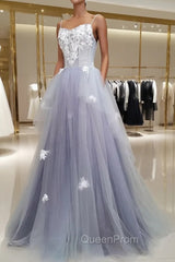 A line Tulle Lace Long Evening Dresses, Lace Tulle Evening Prom Dresses