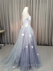 A line Tulle Lace Long Evening Dresses, Lace Tulle Evening Prom Dresses