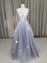 A line Tulle Lace Long Evening Dresses, Lace Tulle Evening Prom Dresses