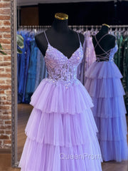 A-Line Tulle Lace Purple Long Evening Prom Dresses, Purple Long Evening Dresses