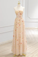 A-Line Tulle Lace Sequin Champagne Long Evening Prom Dresses, Champagne Long Formal Dresses