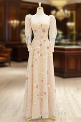 A-Line Tulle Lace Sequin Champagne Long Evening Prom Dresses, Champagne Long Formal Dresses