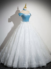 A-Line Tulle Lace White/Blue Long Evening Prom Dresses, White/Blue Long Evening Dresses