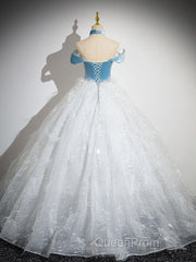 A-Line Tulle Lace White/Blue Long Evening Prom Dresses, White/Blue Long Evening Dresses