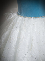 A-Line Tulle Lace White/Blue Long Evening Prom Dresses, White/Blue Long Evening Dresses