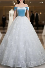 A-Line Tulle Lace White/Blue Long Evening Prom Dresses, White/Blue Long Evening Dresses