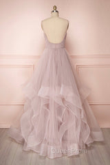 A-Line Tulle Layers Long Evening Dresses, Cute V-Neck Evening Party Dresses