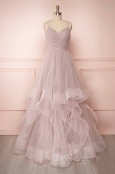 A-Line Tulle Layers Long Evening Dresses, Cute V-Neck Evening Party Dresses