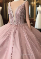 A-Line Tulle Long Formal Dresses Pink Evening Prom Dresses,