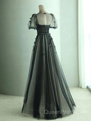 A Line Tulle Long Evening Prom Dresses Black Formal Evening Dresses