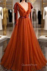 A-Line Tulle Long Evening Prom Dresses, Orange V-Neck Long Simple Evening Dresses
