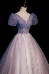 A-Line Tulle Long Evening Prom Dresses with Beaded, Blue Short Sleeve Evening Dresses