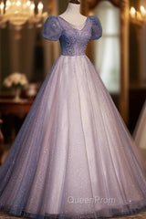 A-Line Tulle Long Evening Prom Dresses with Beaded, Blue Short Sleeve Evening Dresses
