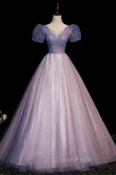 A-Line Tulle Long Evening Prom Dresses with Beaded, Blue Short Sleeve Evening Dresses