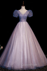 A-Line Tulle Long Evening Prom Dresses with Beaded, Blue Short Sleeve Evening Dresses