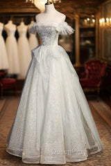 A-Line Tulle Long Evening Prom Dresses with Beading