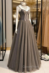 A-Line Tulle Long Evening Prom Dresses with Beading, Cute Evening Party Dresses
