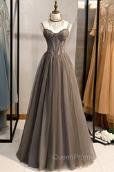 A-Line Tulle Long Evening Prom Dresses with Beading, Cute Evening Party Dresses